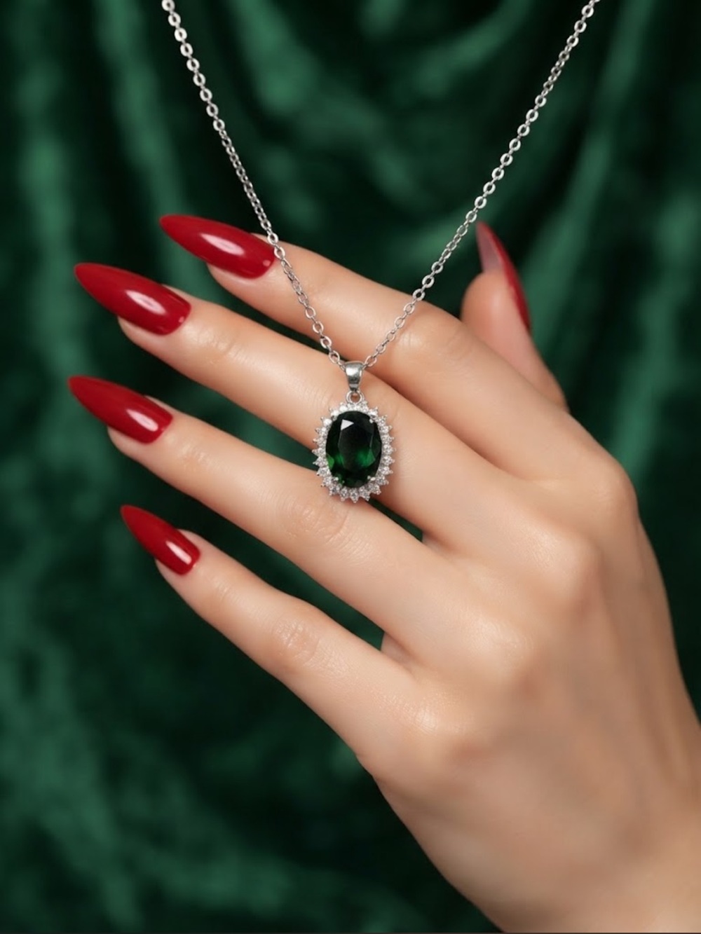 14K Gold Plated Emerald Green Halo Pendant Necklace - Women Jewelry